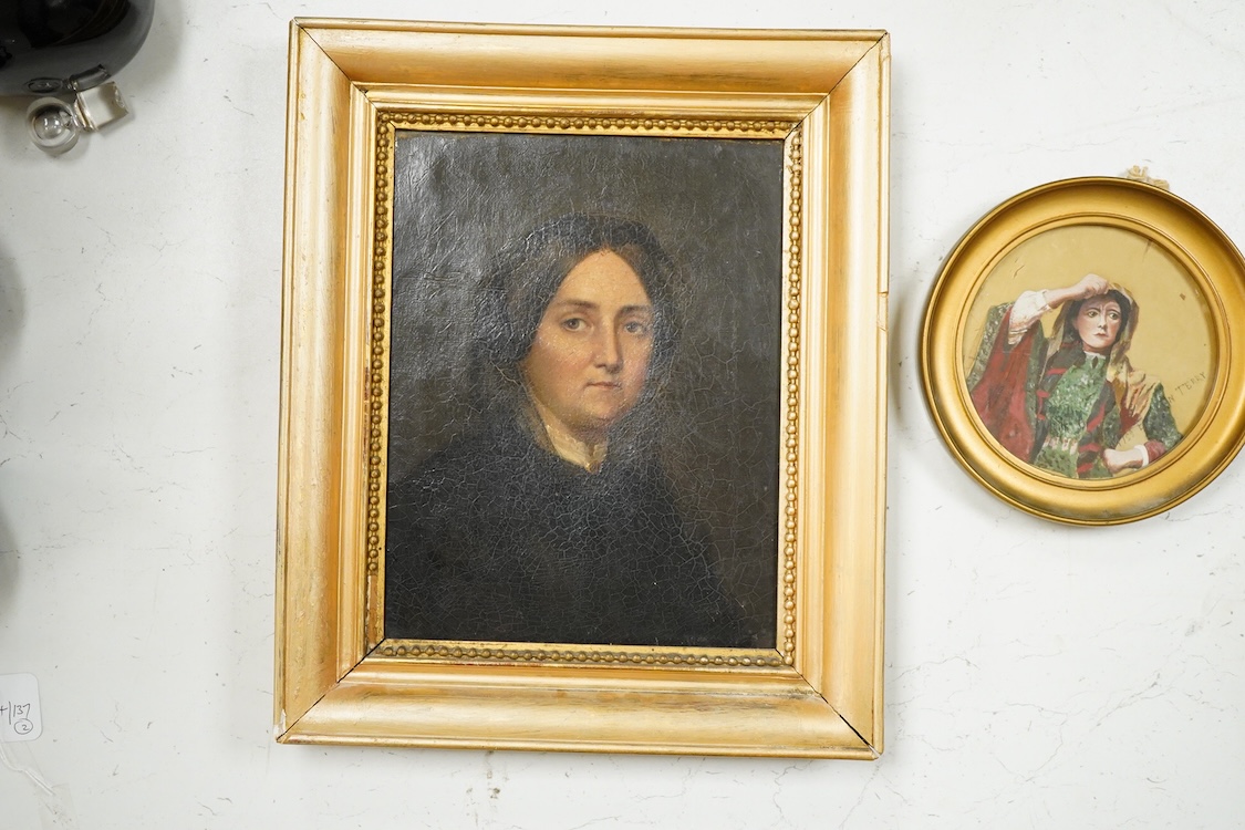 Victorian School, Portrait of a lady in mourning, oil on canvas, and 'Miss Ellen Terry', oil on silk, largest 27 x 21cm